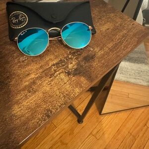 Ray-Ban Round Metal Sunglasses (w/ polarized blue lenses and gold temples